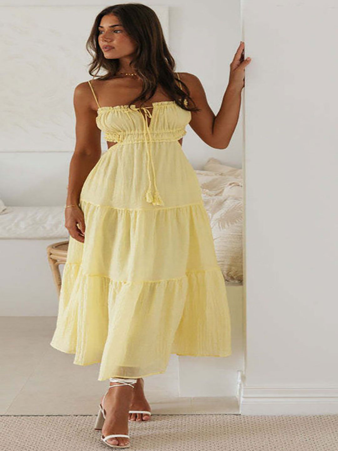Yellow Tiered Midi Dress with Straps