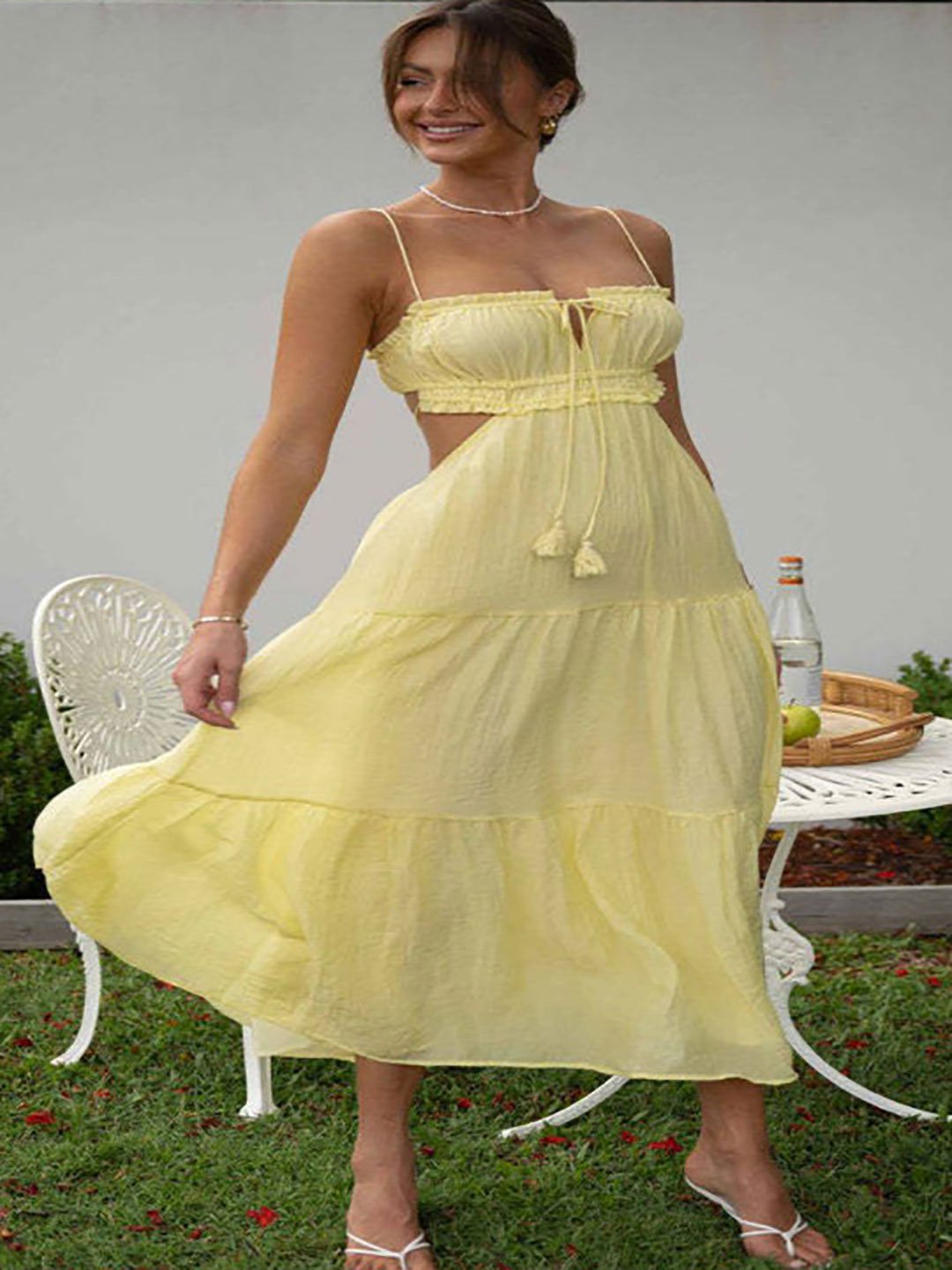 Yellow Tiered Midi Dress with Straps