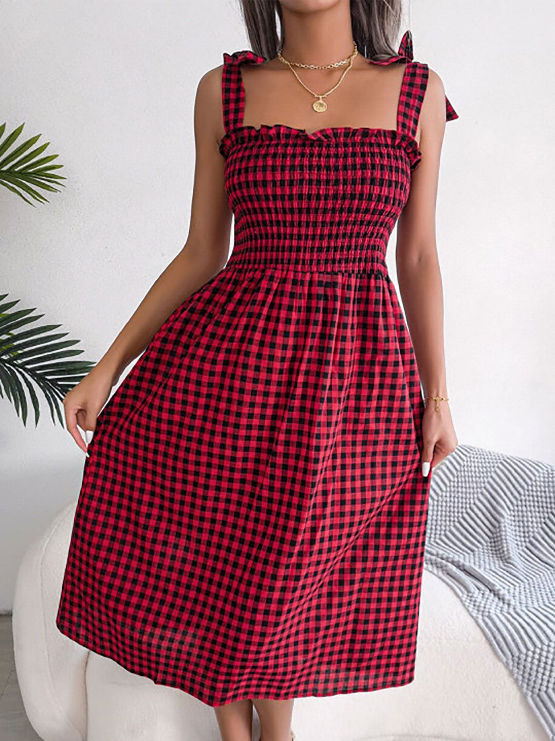 Red Gingham Check Tie-Strap Midi Dress