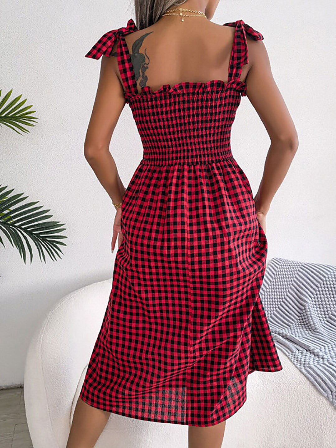 Red Gingham Check Tie-Strap Midi Dress