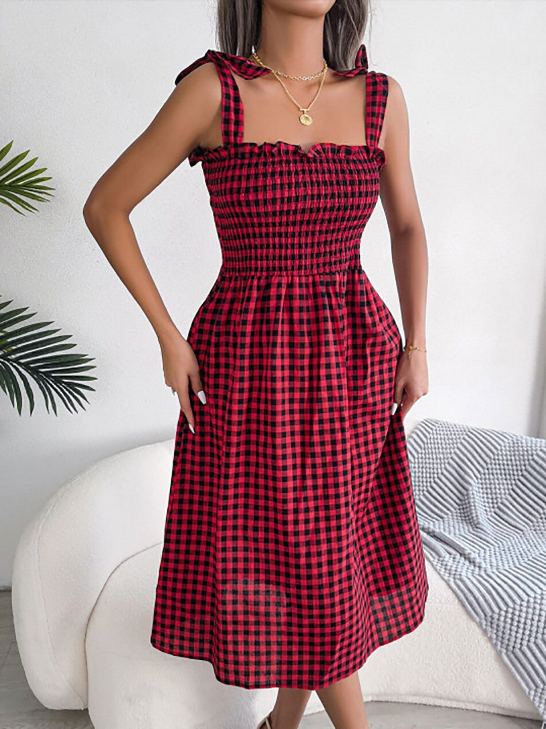 Red Gingham Check Tie-Strap Midi Dress