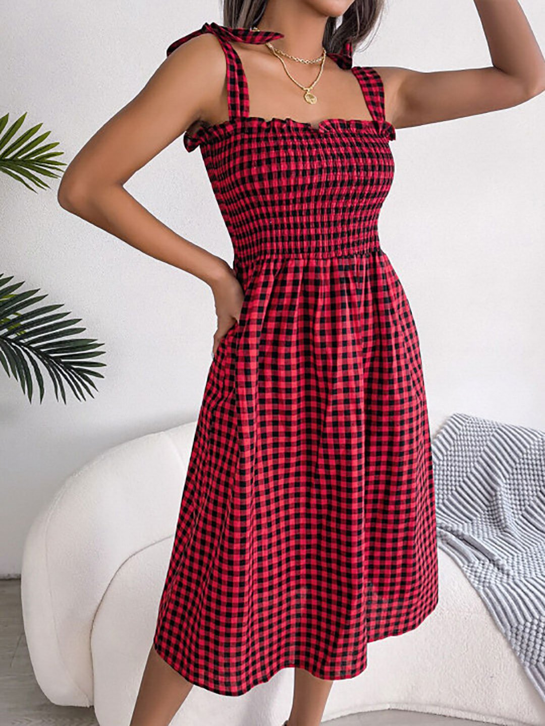 Red Gingham Check Tie-Strap Midi Dress