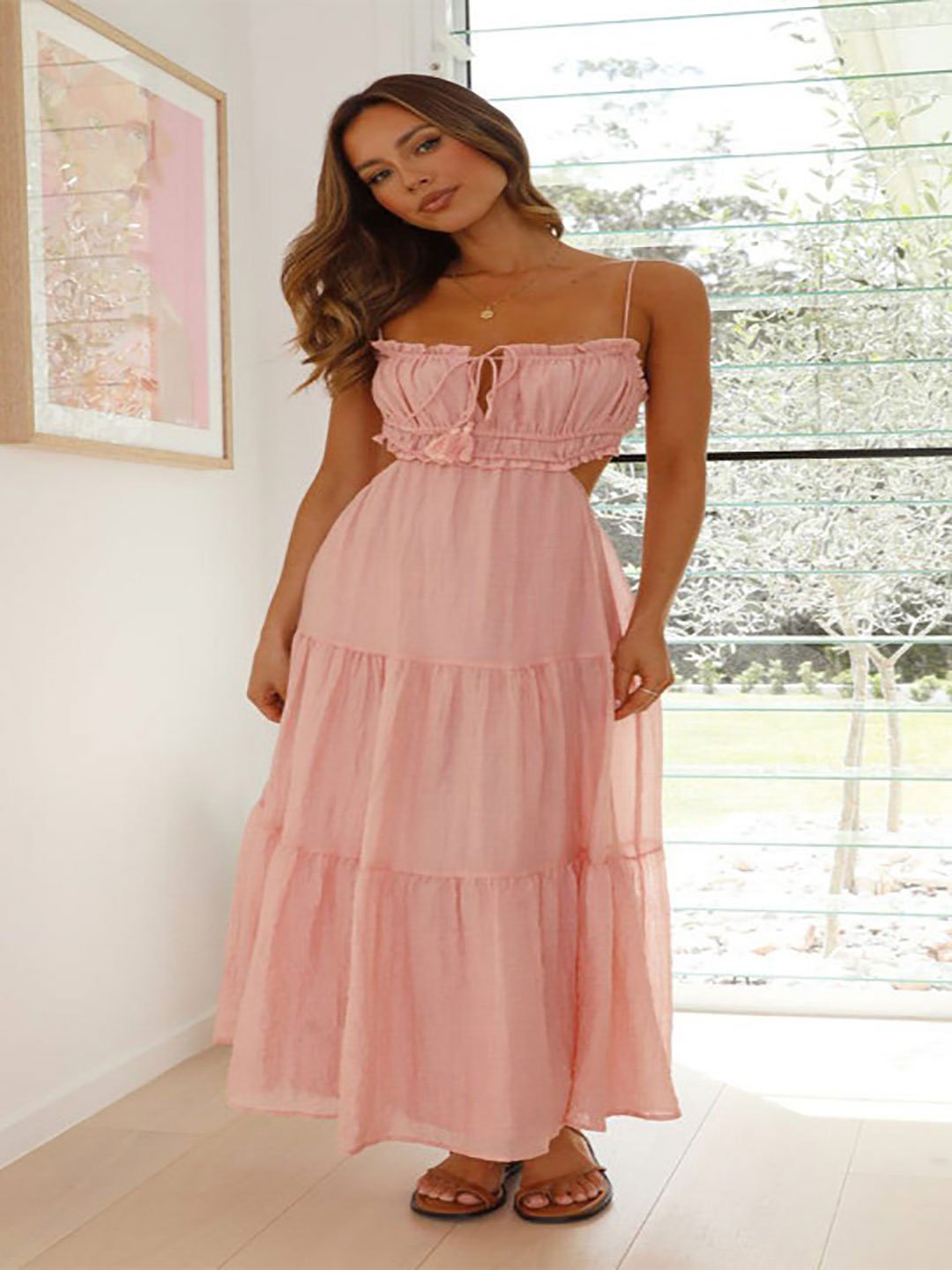 Pink Tiered Midi Dress with Straps