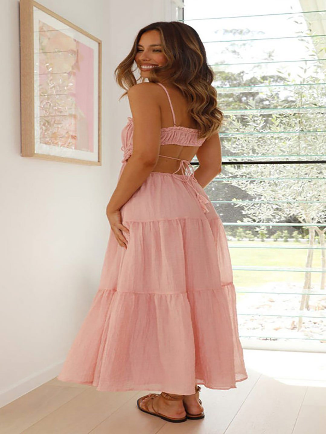 Pink Tiered Midi Dress with Straps