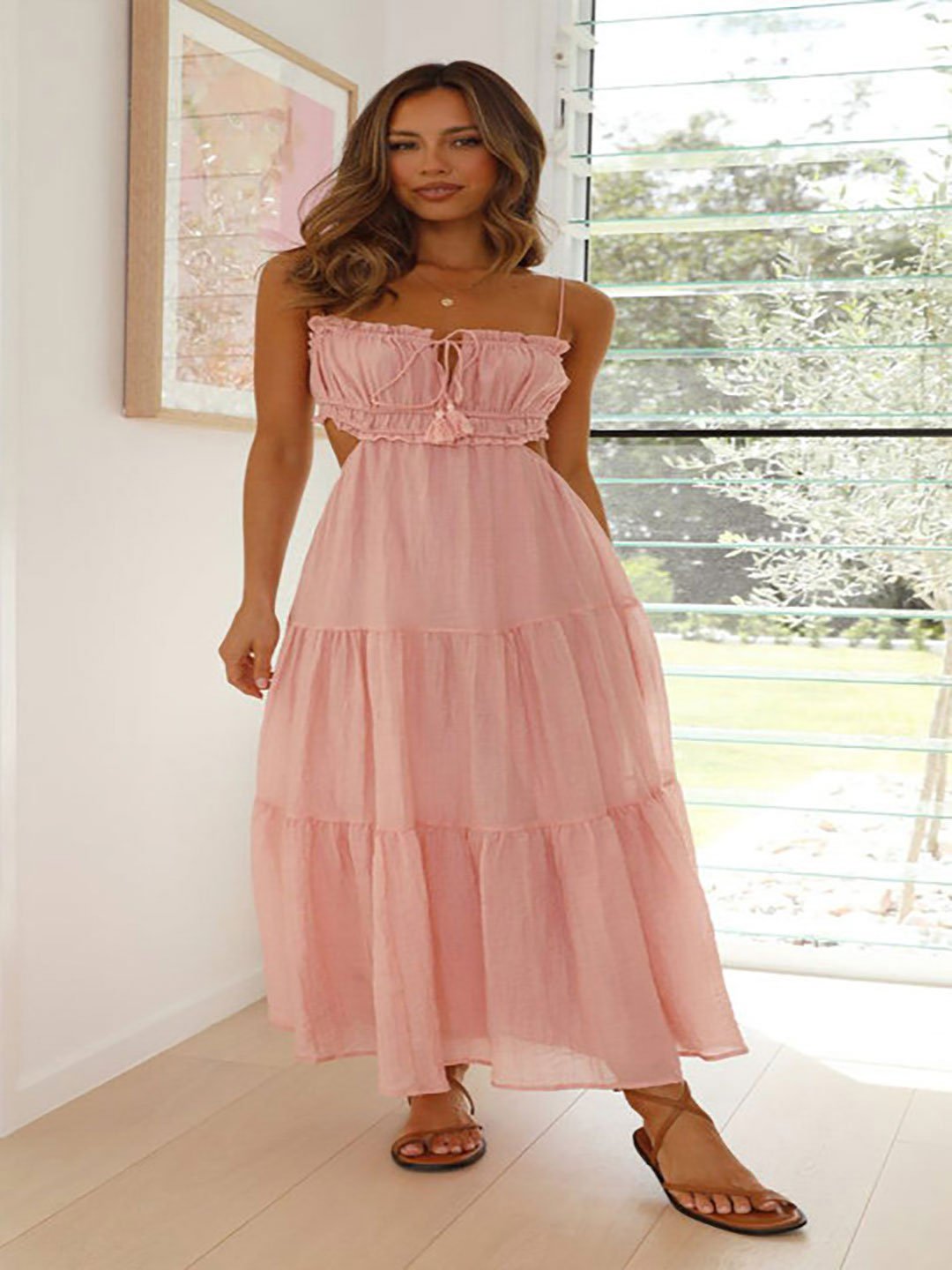 Pink Tiered Midi Dress with Straps