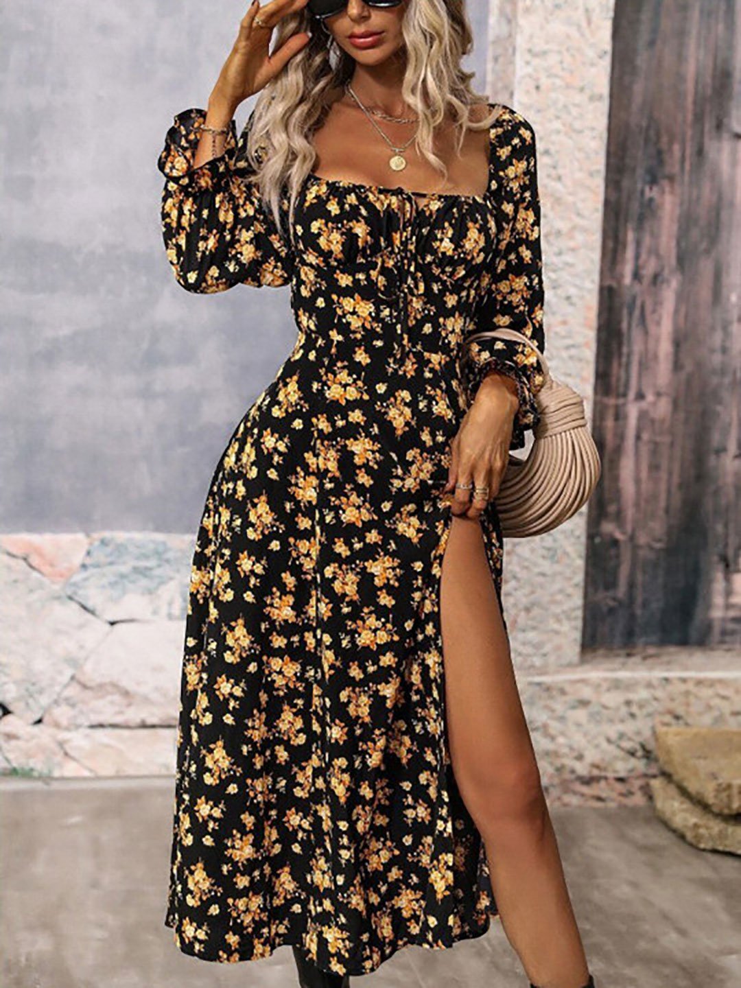 Black Floral Square Neck Maxi Dress