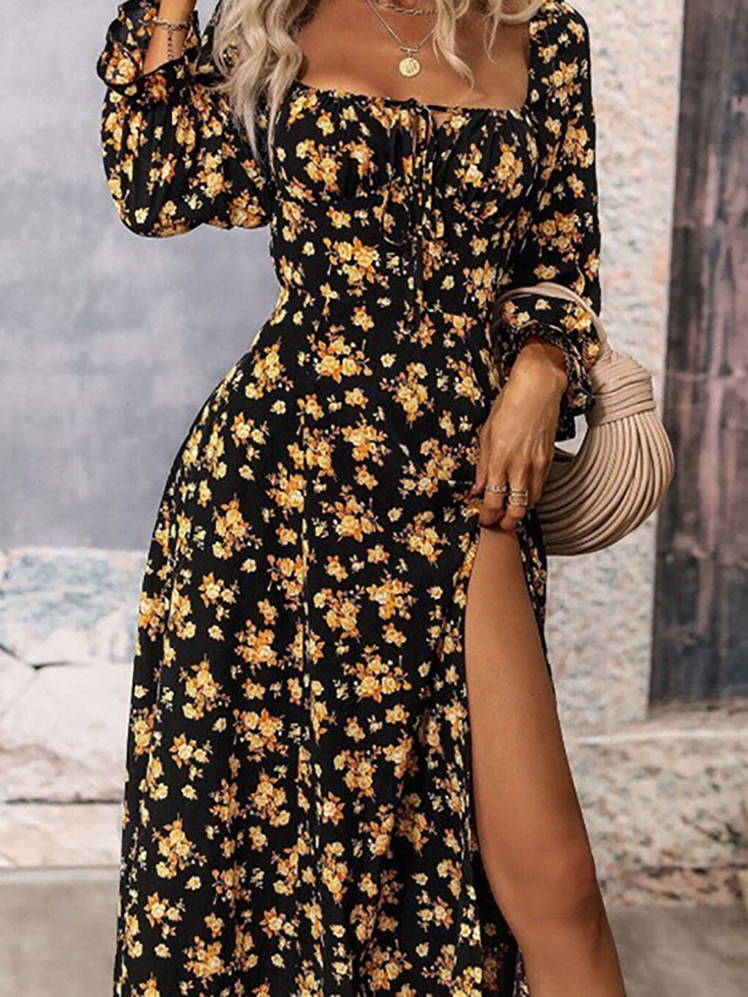 Black Floral Square Neck Maxi Dress