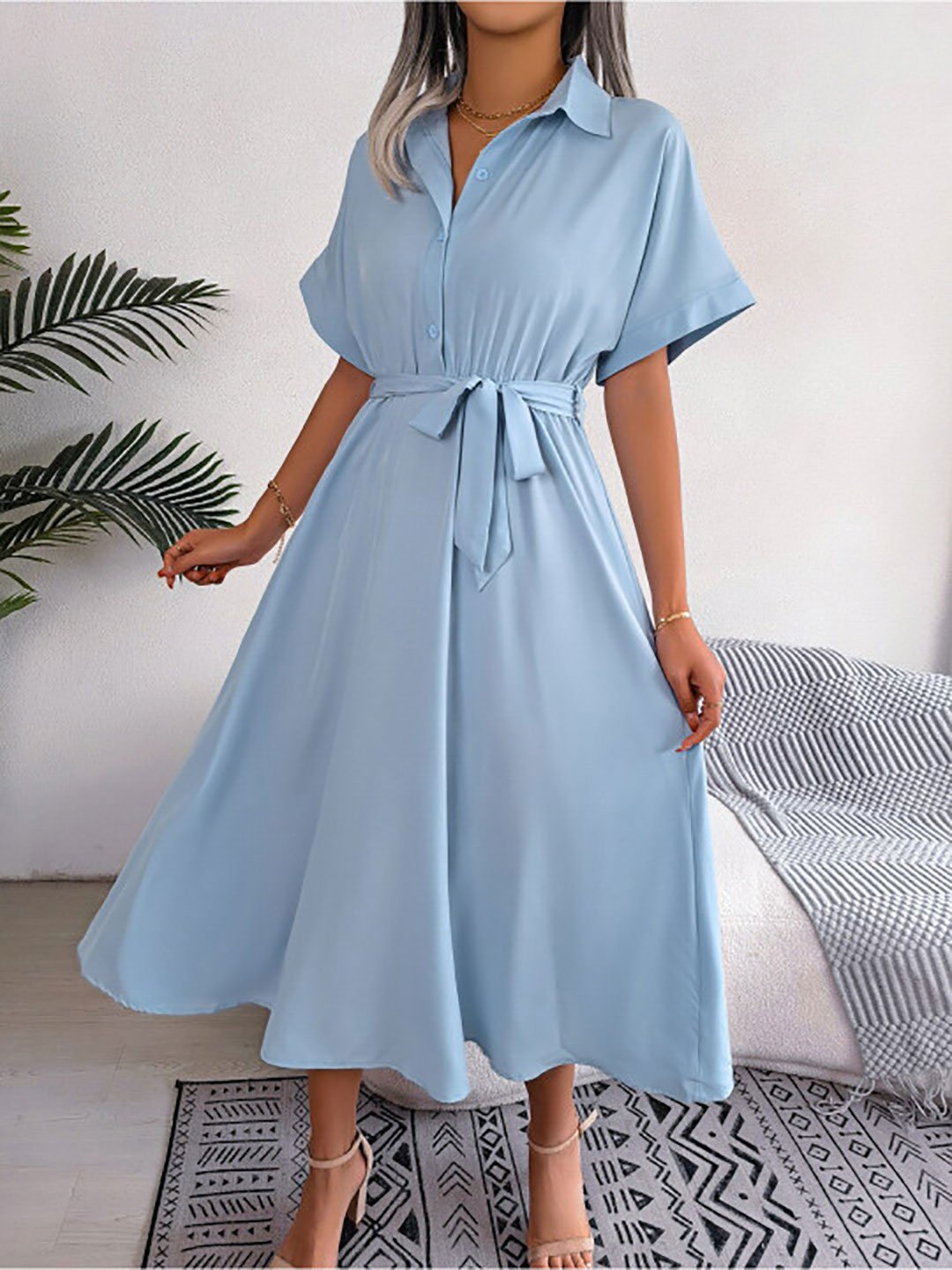 Blue Midi Shirt Dress with Tie-Belt