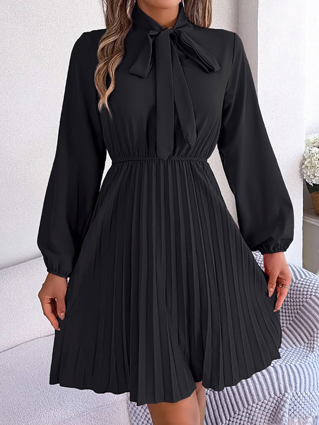 Black Pleated Knee Length Dress with Bow Tie