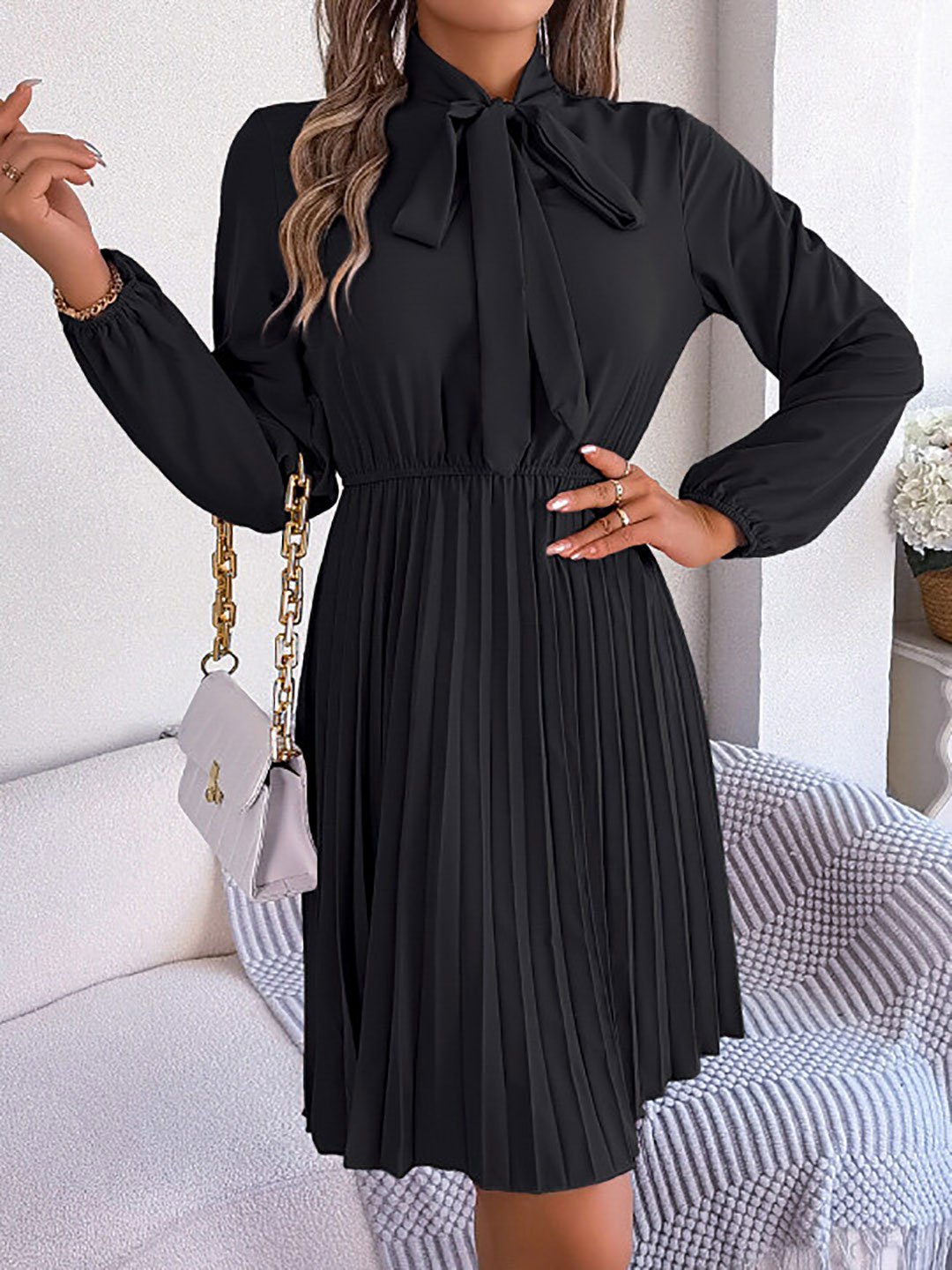 Black Pleated Knee Length Dress with Bow Tie