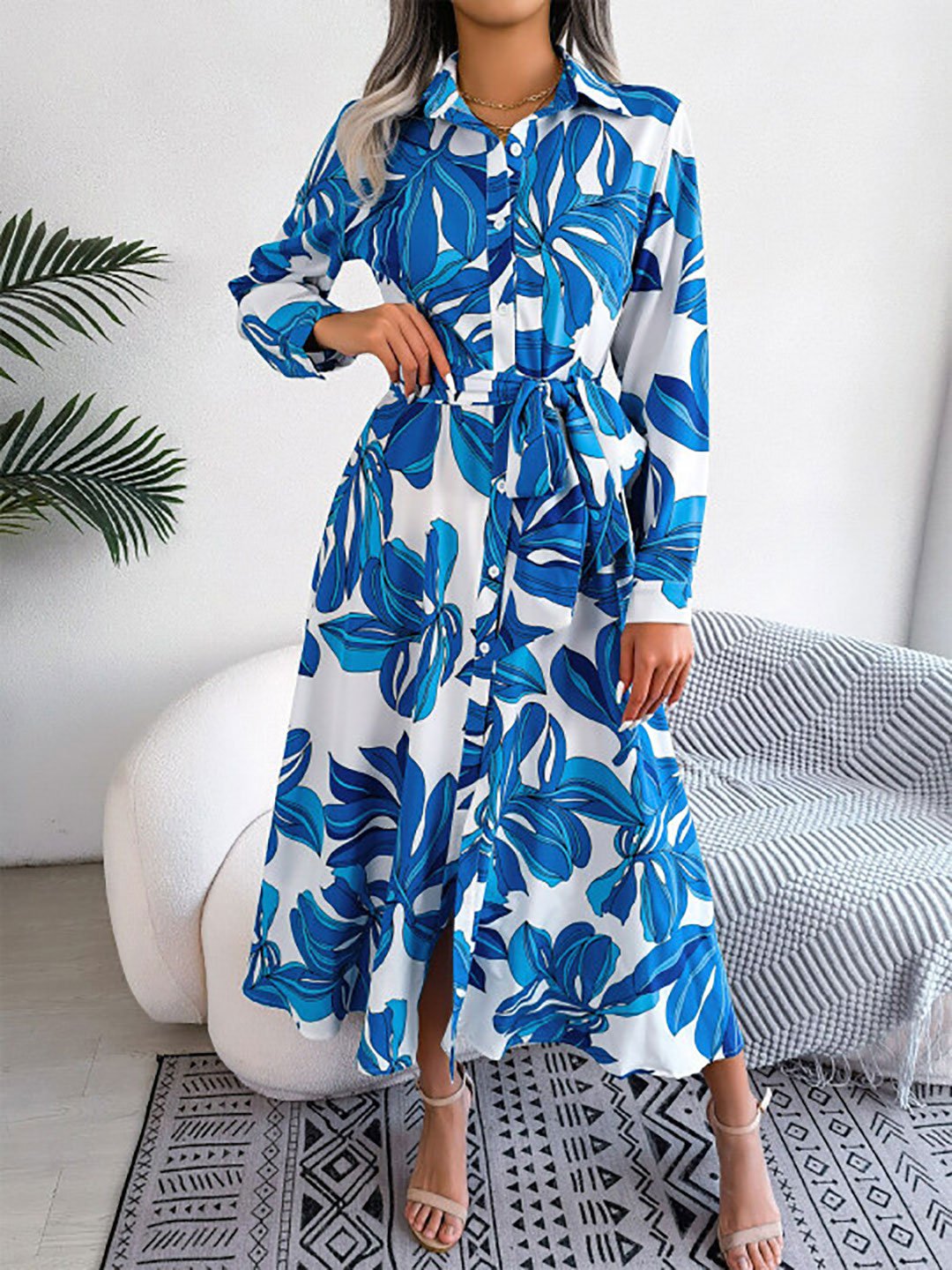 Floral Print Midi Shirt Dress with Tie-Belt
