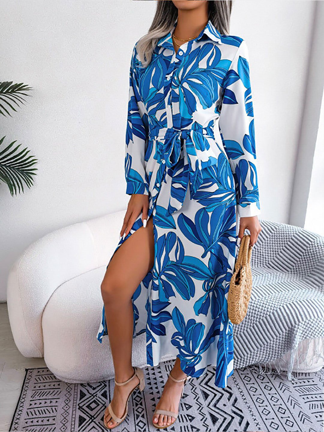 Floral Print Midi Shirt Dress with Tie-Belt