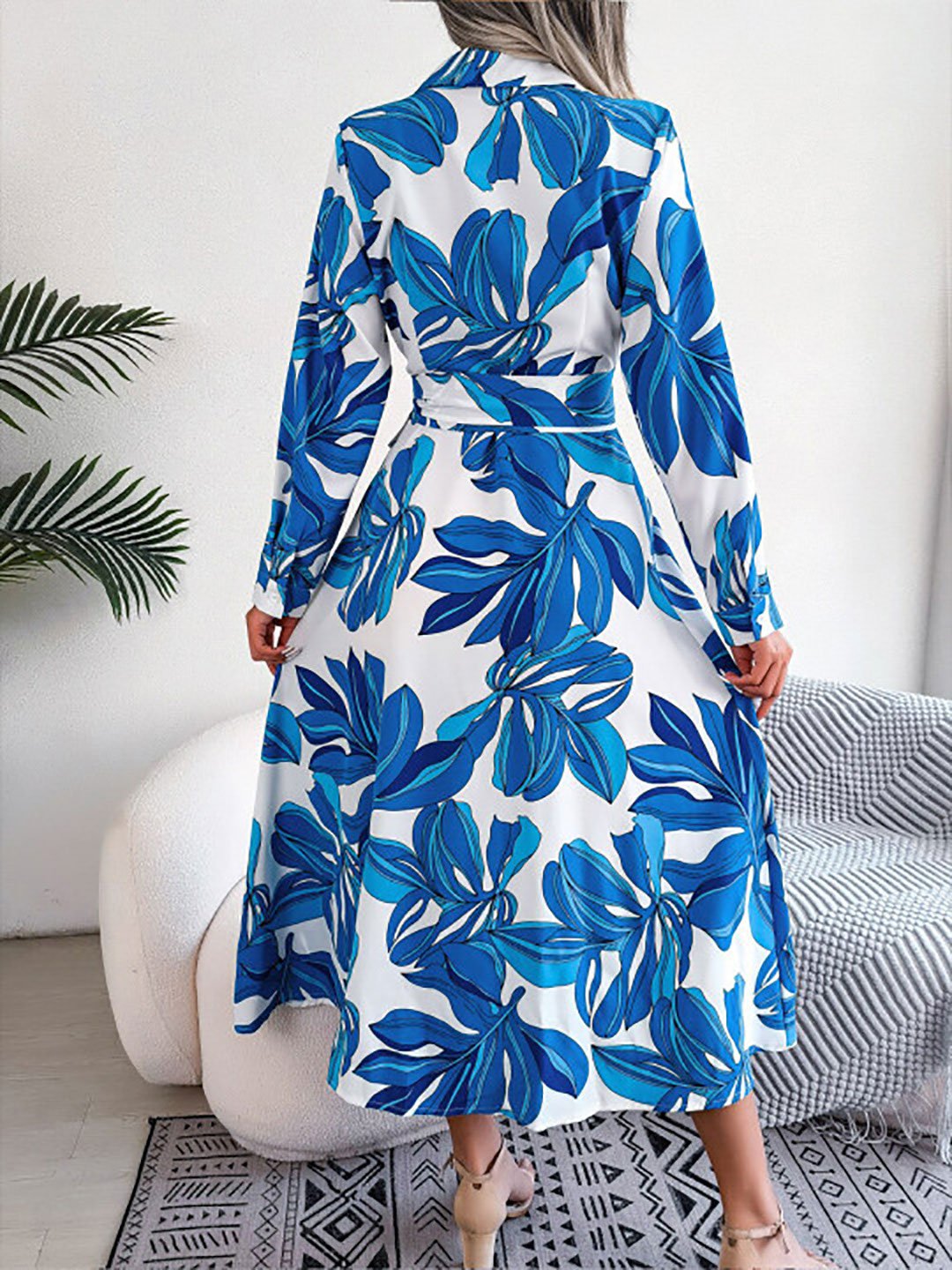Floral Print Midi Shirt Dress with Tie-Belt