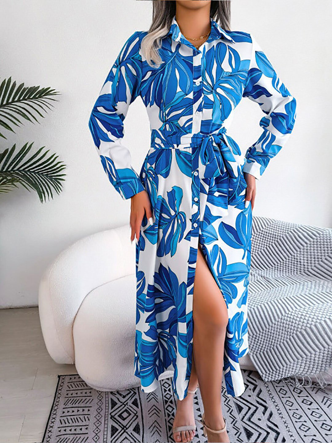 Floral Print Midi Shirt Dress with Tie-Belt