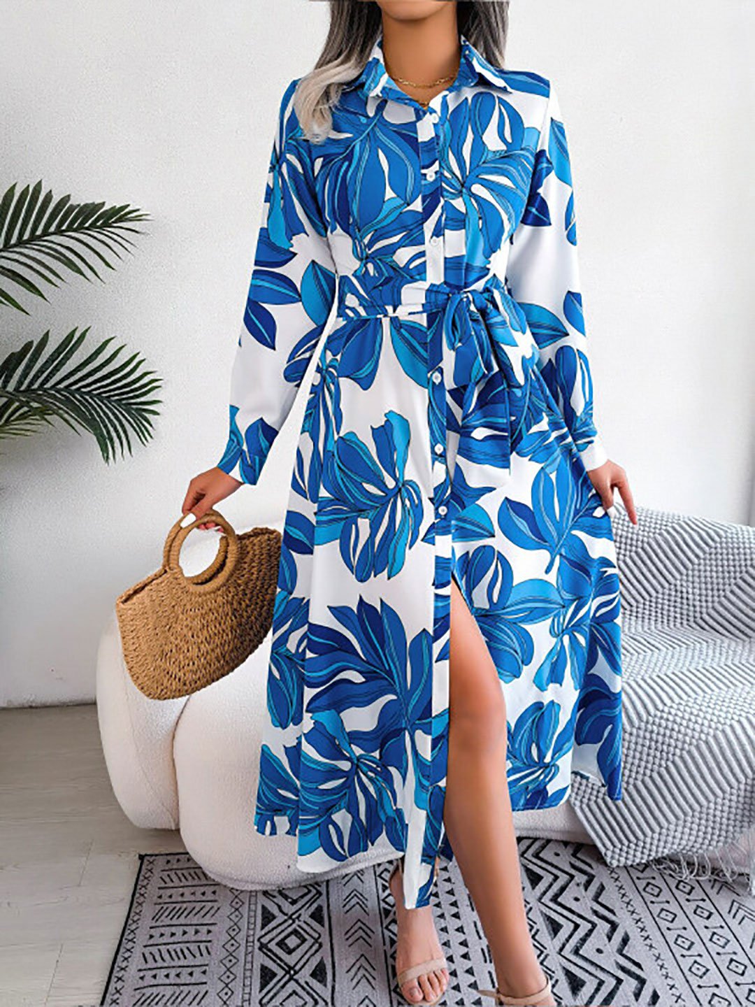 Floral Print Midi Shirt Dress with Tie-Belt