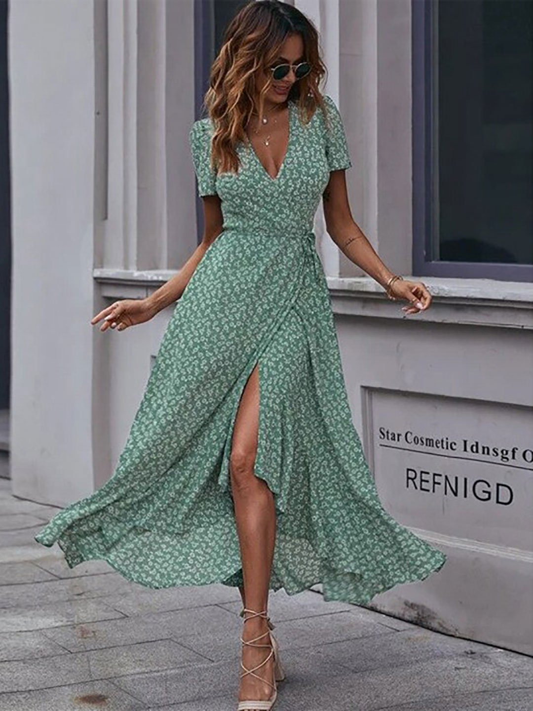 Green Floral Wrap Maxi Dress