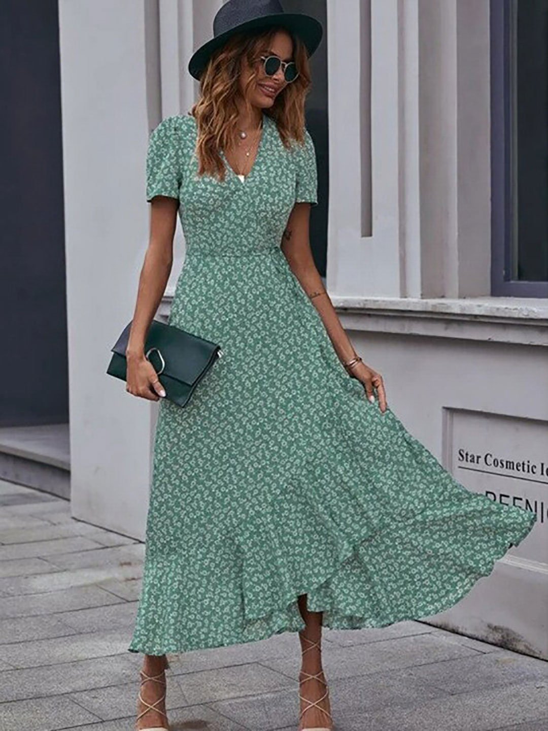 Green Floral Wrap Maxi Dress