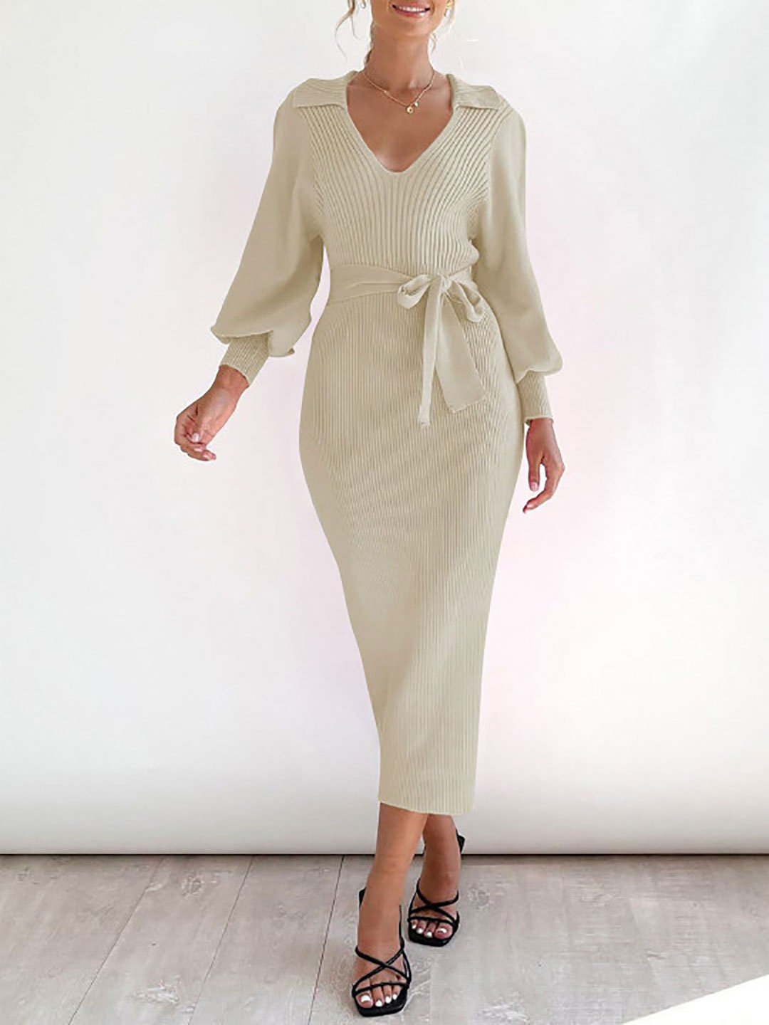 Off White Ribbed Knit Midi Dress with Tie-Belt
