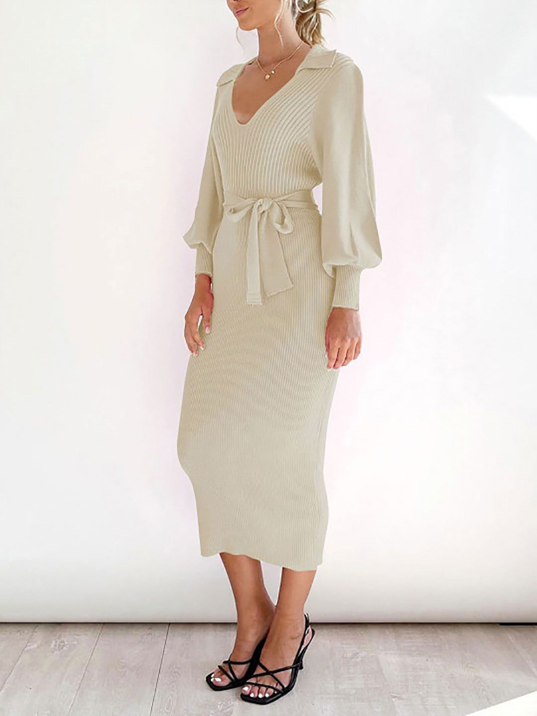 Off White Ribbed Knit Midi Dress with Tie-Belt