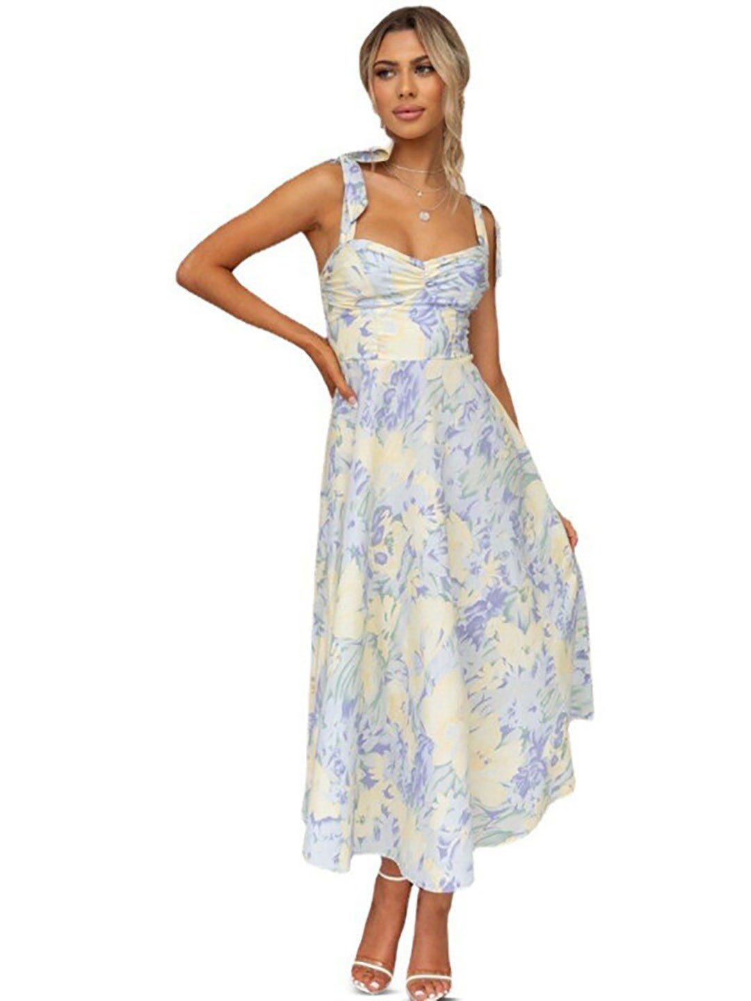 Blue Floral Printed Sleeveless Chiffon Maxi Dress For Women at Kuwait |  Styli
