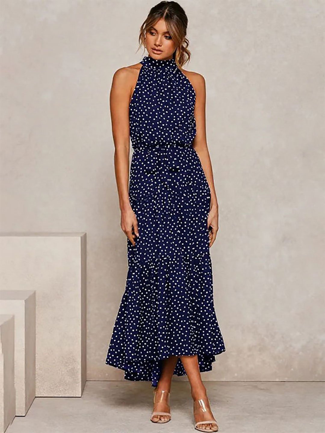 Navy Polka Dot Print Sleeveless Maxi Dress