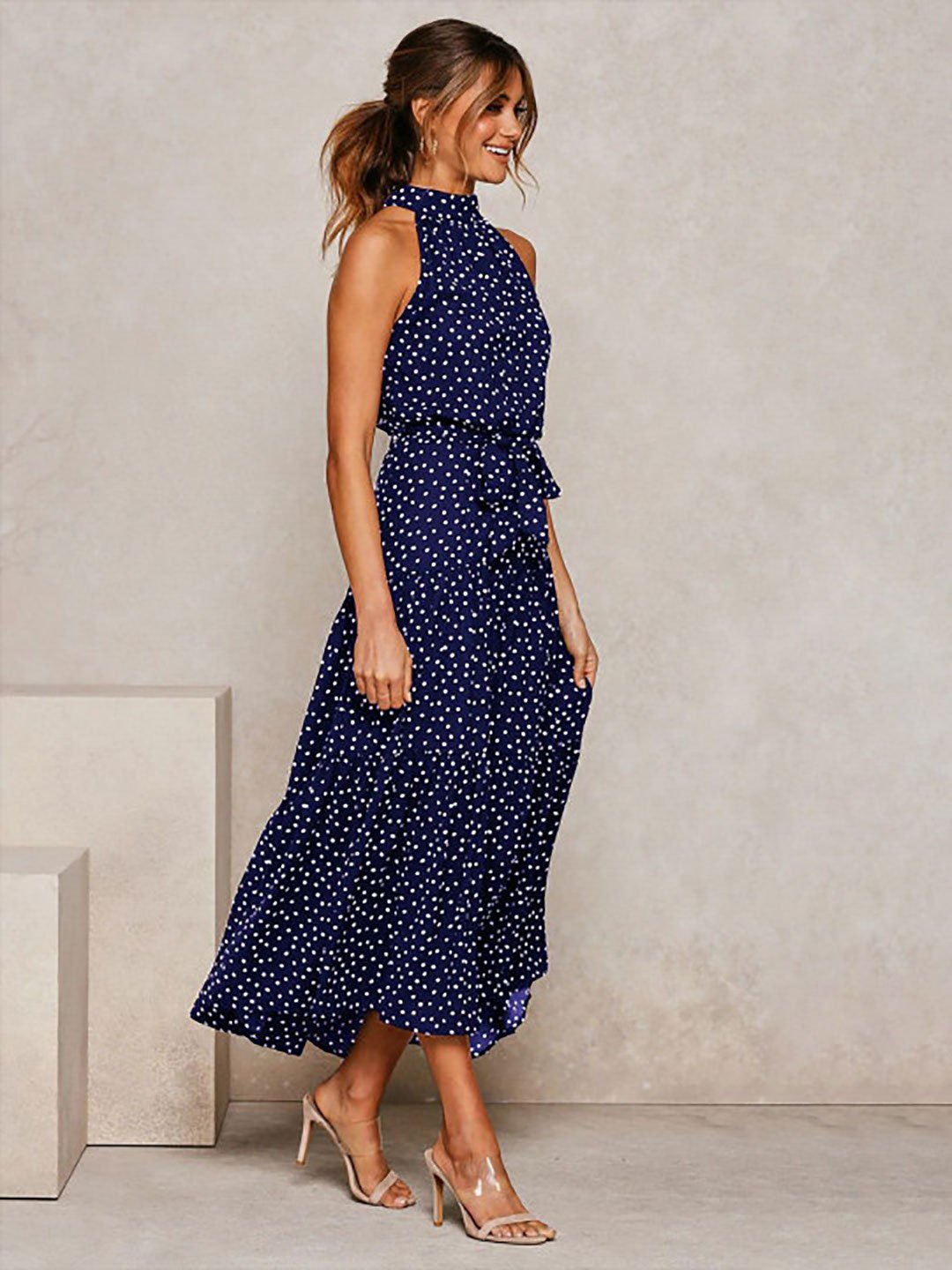 Navy Polka Dot Print Sleeveless Maxi Dress