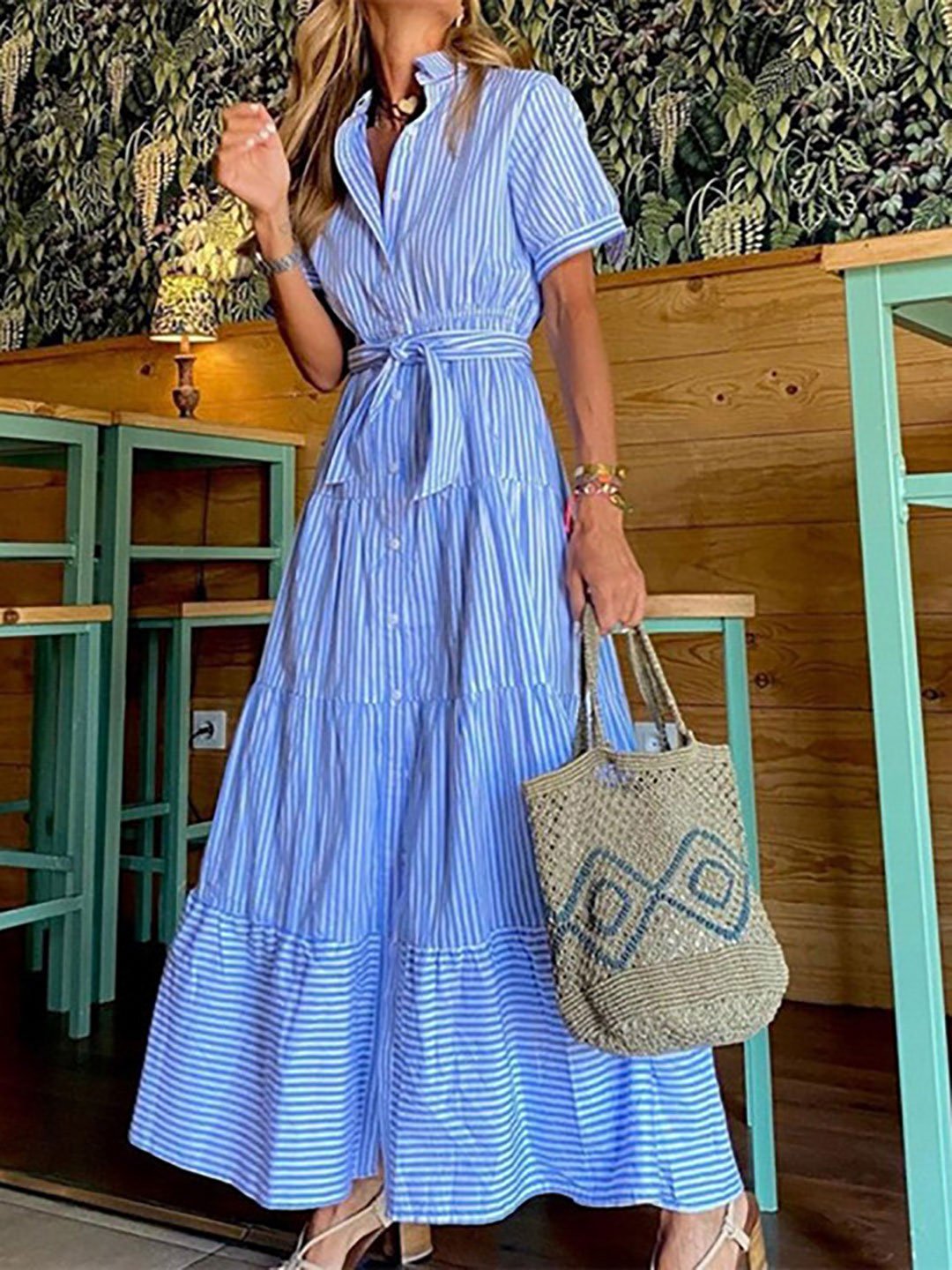 Blue Striped Short Sleeve Tiered Maxi Dress