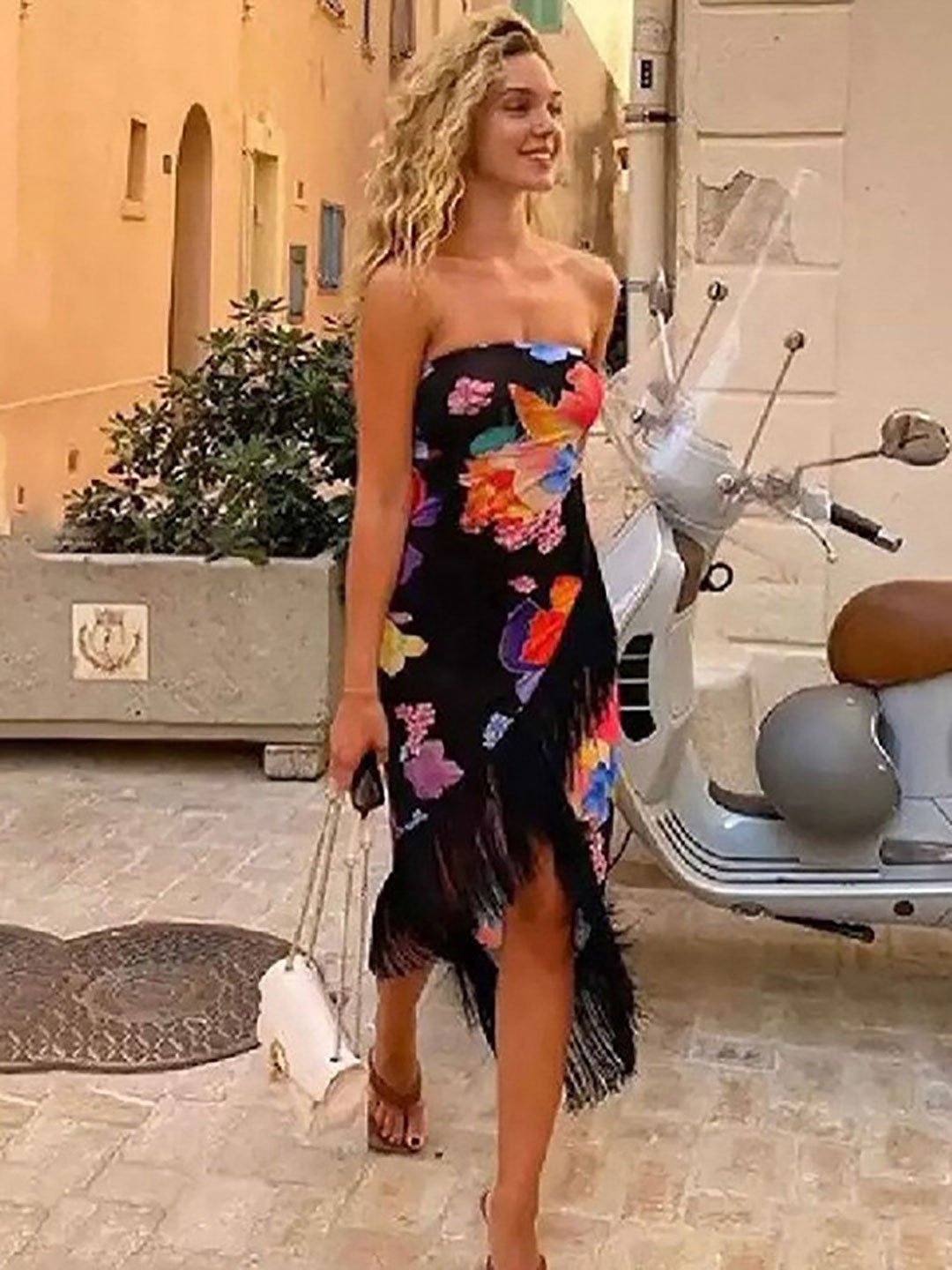 Black Floral Print Strapless Bodycon Midi Dress