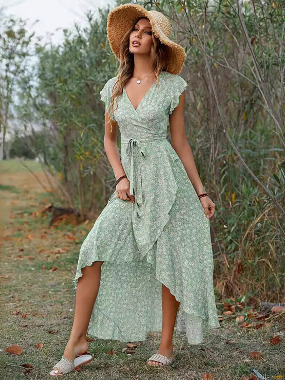 Green Print Flutter Sleeve Wrap Midi Dress