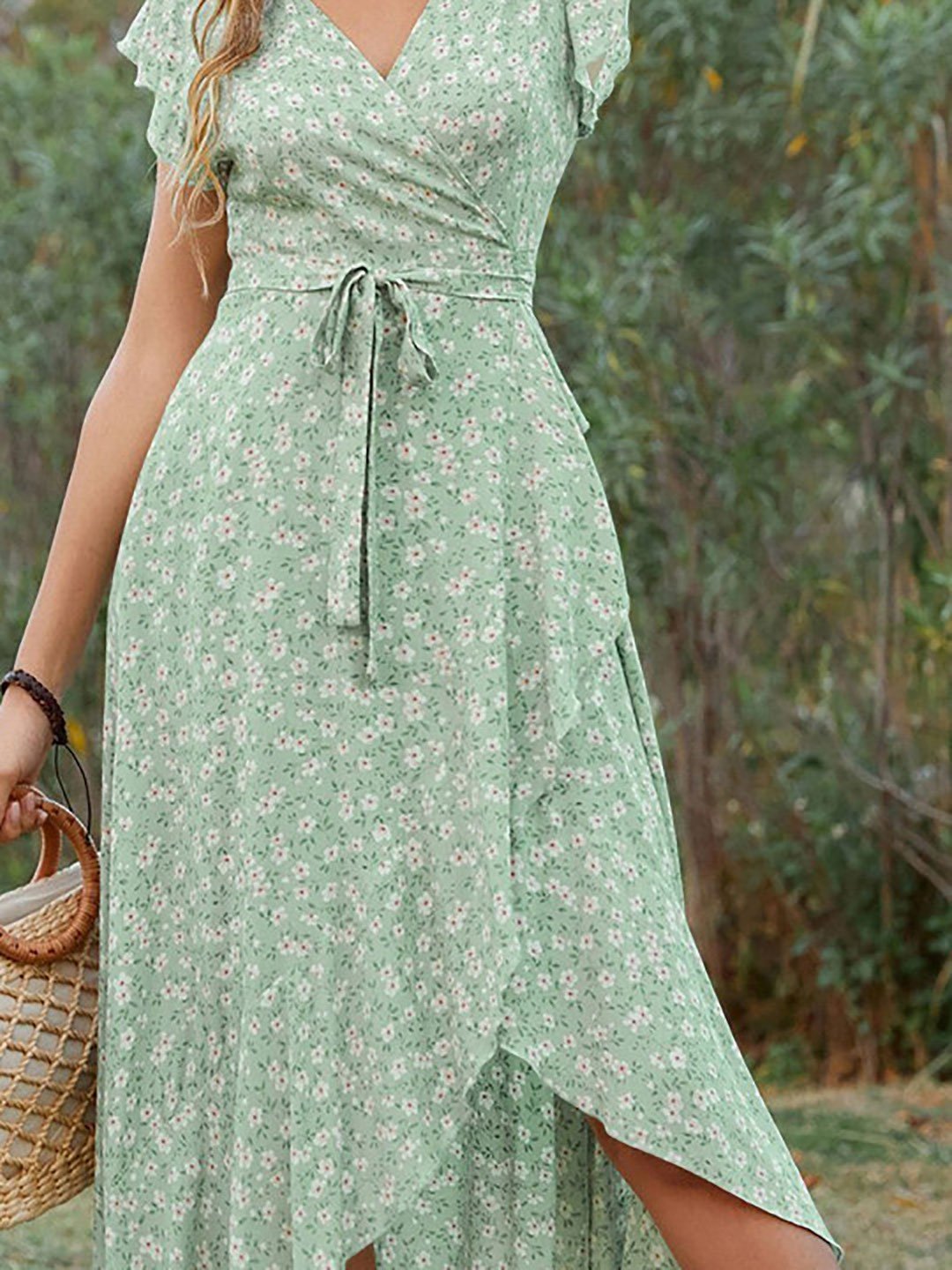 Green Print Flutter Sleeve Wrap Midi Dress