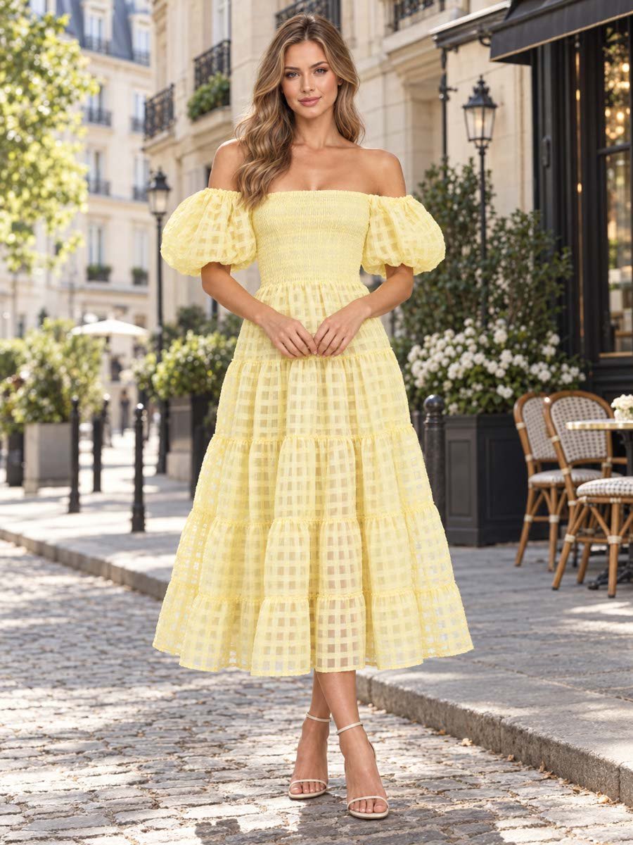 Yellow Checkered Puff Sleeves Midi Dress