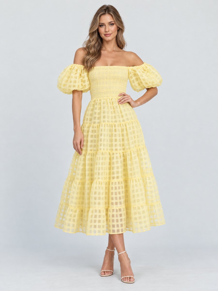 Yellow Checkered Puff Sleeves Midi Dress
