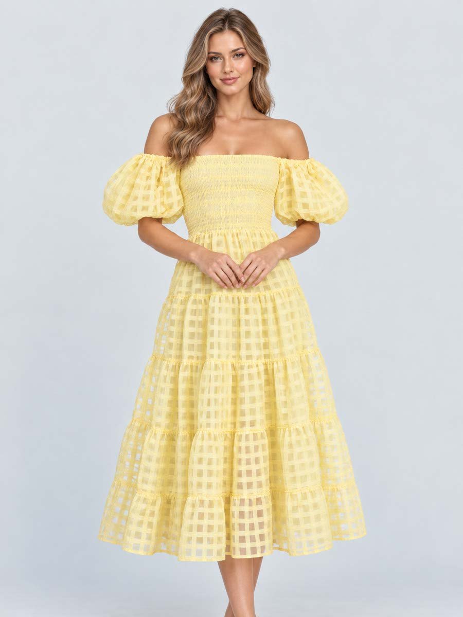 Yellow Checkered Puff Sleeves Midi Dress