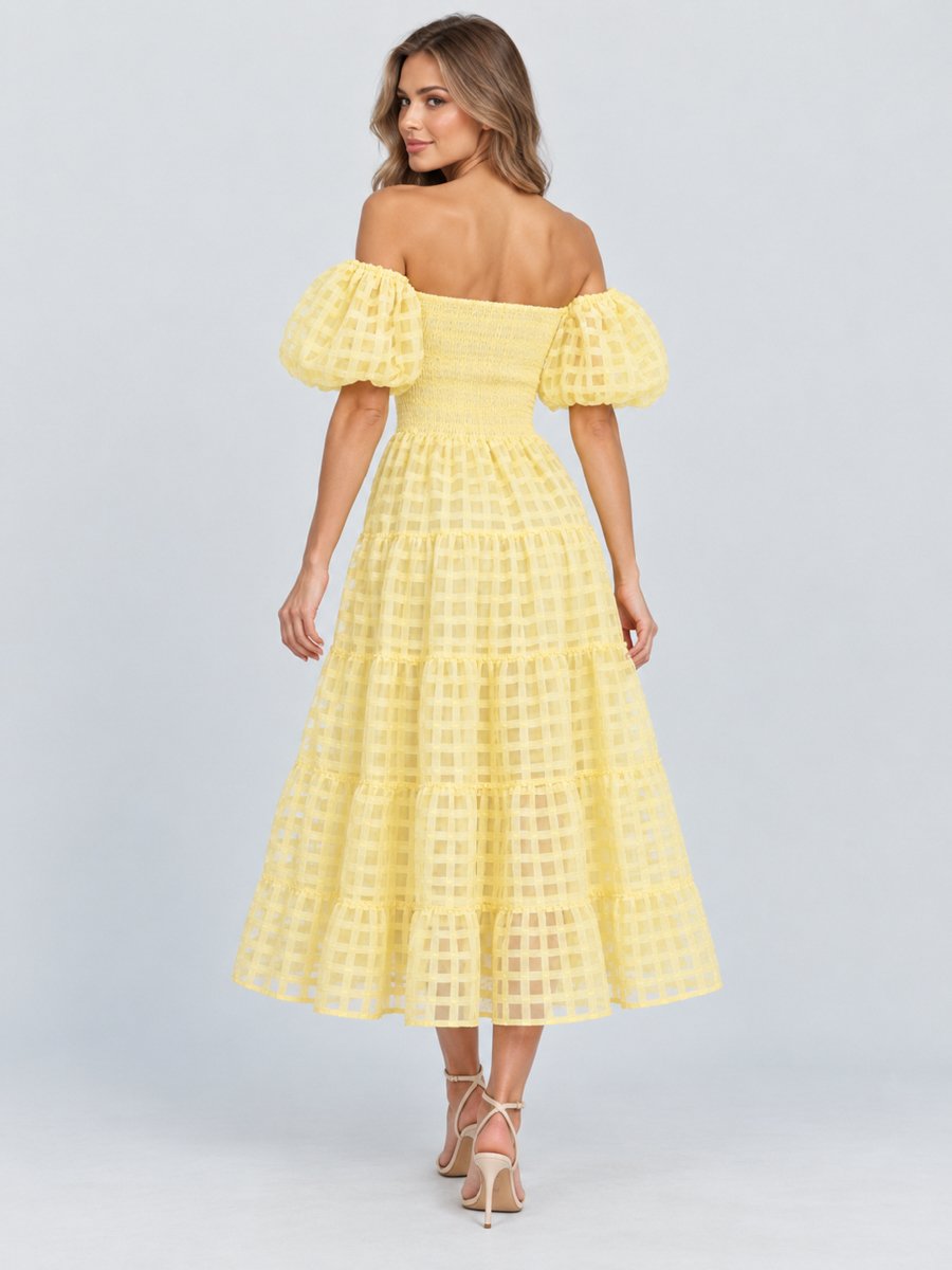 Yellow Checkered Puff Sleeves Midi Dress