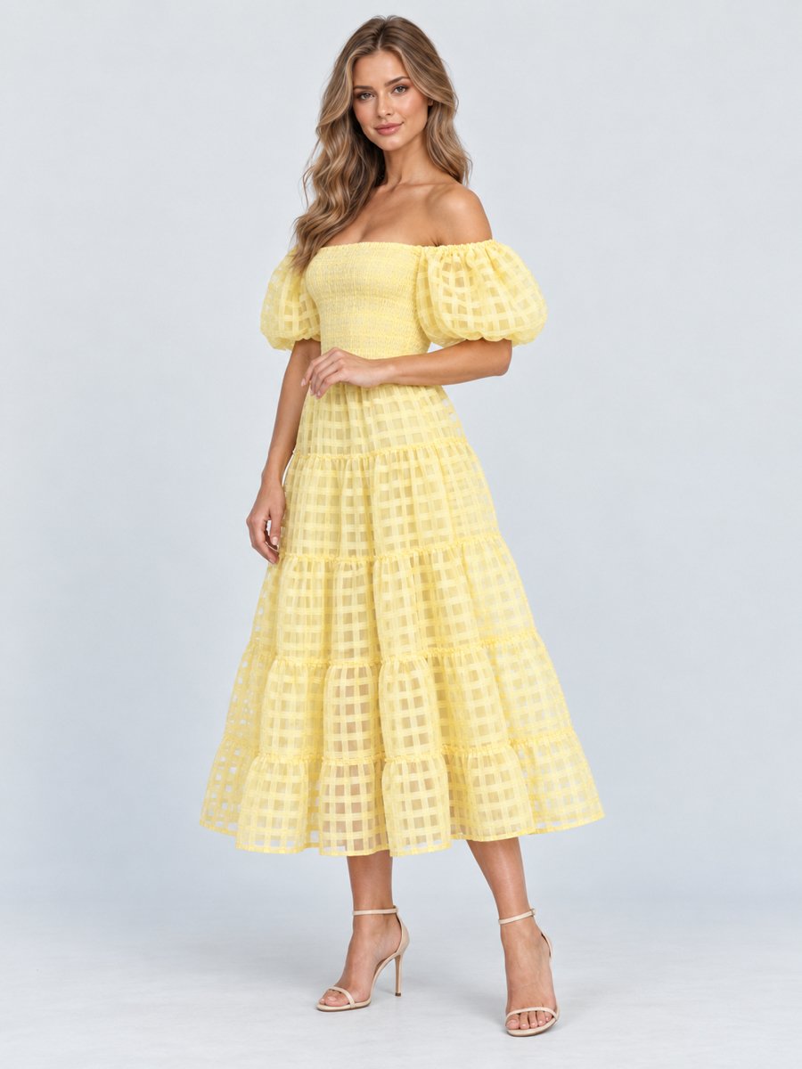 Yellow Checkered Puff Sleeves Midi Dress