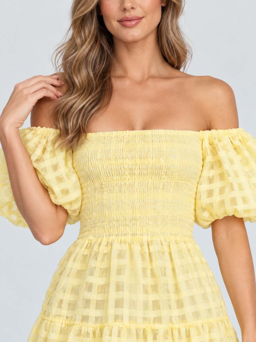 Yellow Checkered Puff Sleeves Midi Dress