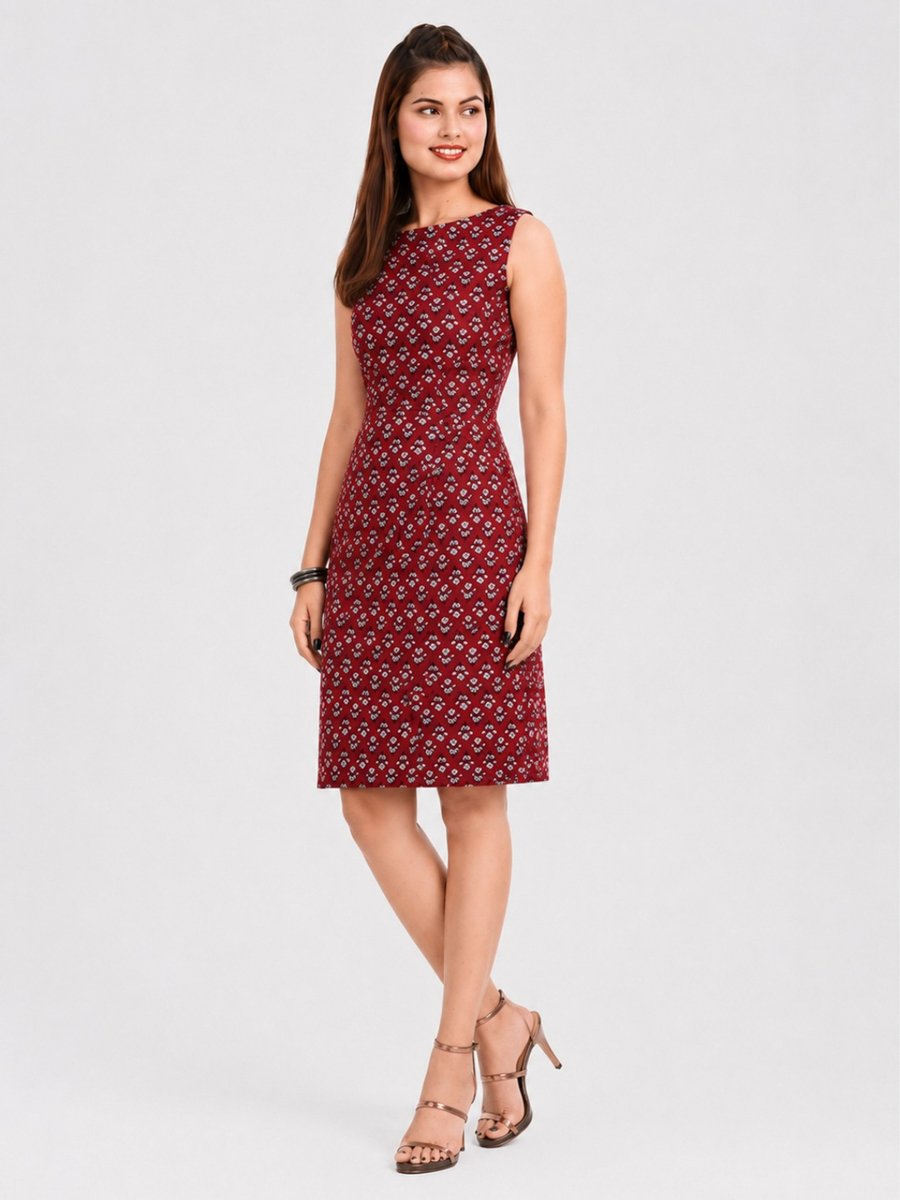 Maroon AOP Sleeveless A-Line Knee-Length Dress for Daytime