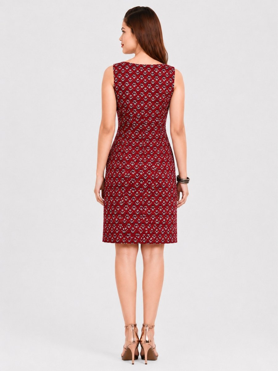 Maroon AOP Sleeveless A-Line Knee-Length Dress for Daytime