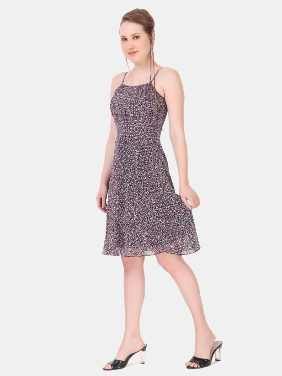 Multi-Color AOP Fit and Flare Knee-Length Daytime Dress