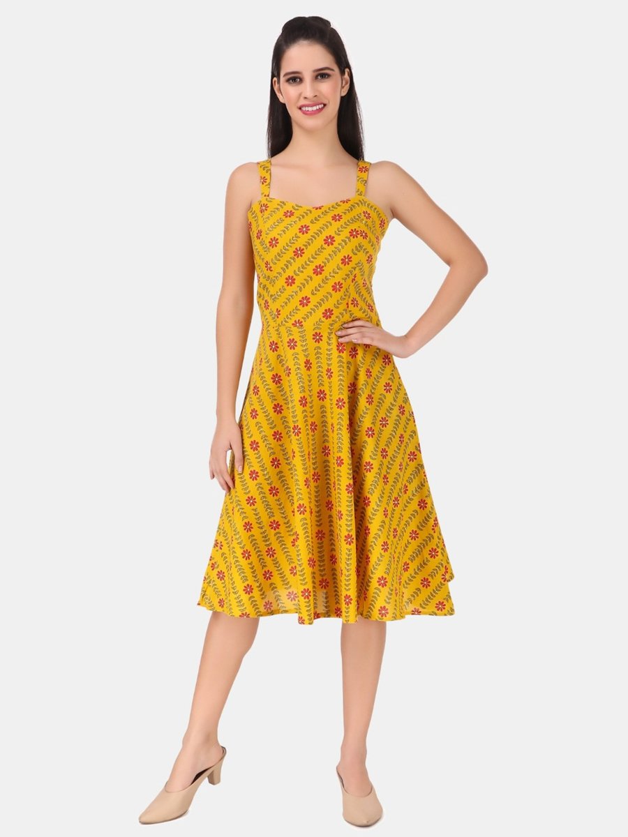 Mustard Geometric Print Fit and Flare Sleeveless Knee-Length Dress
