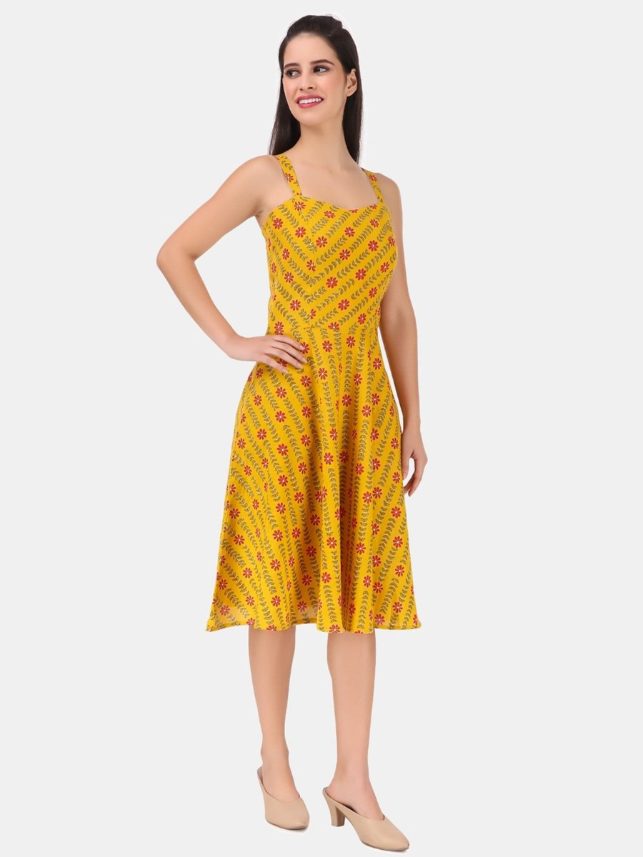 Mustard Geometric Print Fit and Flare Sleeveless Knee-Length Dress