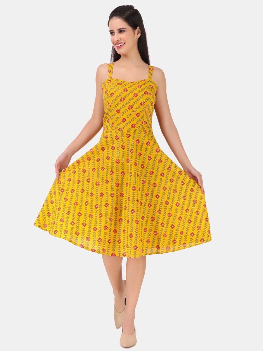 Mustard Geometric Print Fit and Flare Sleeveless Knee-Length Dress