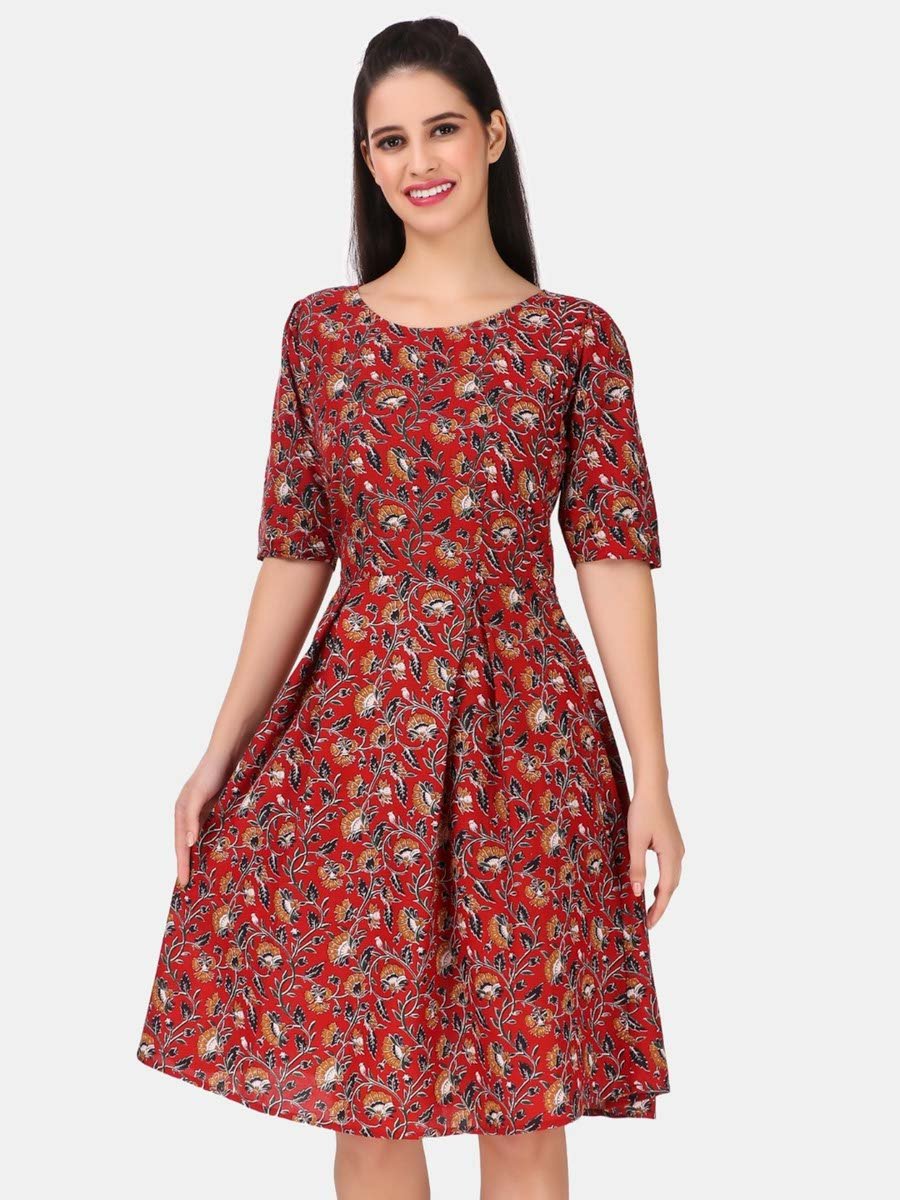 Maroon A-Line Floral Knee-Length Dress with 3/4 Sleeves