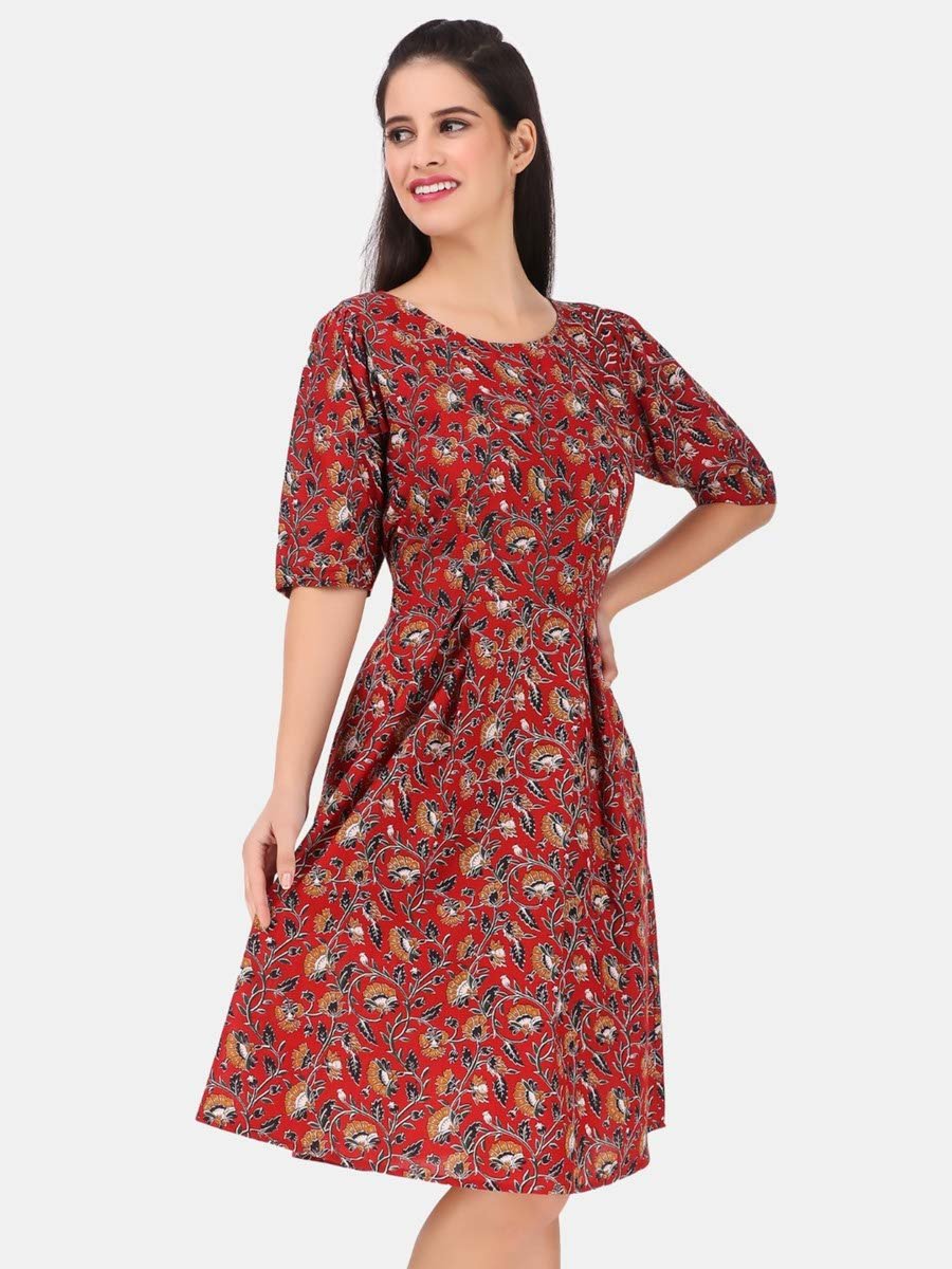Maroon A-Line Floral Knee-Length Dress with 3/4 Sleeves