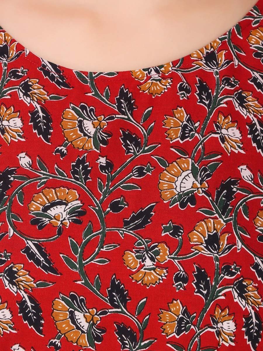 Maroon A-Line Floral Knee-Length Dress with 3/4 Sleeves