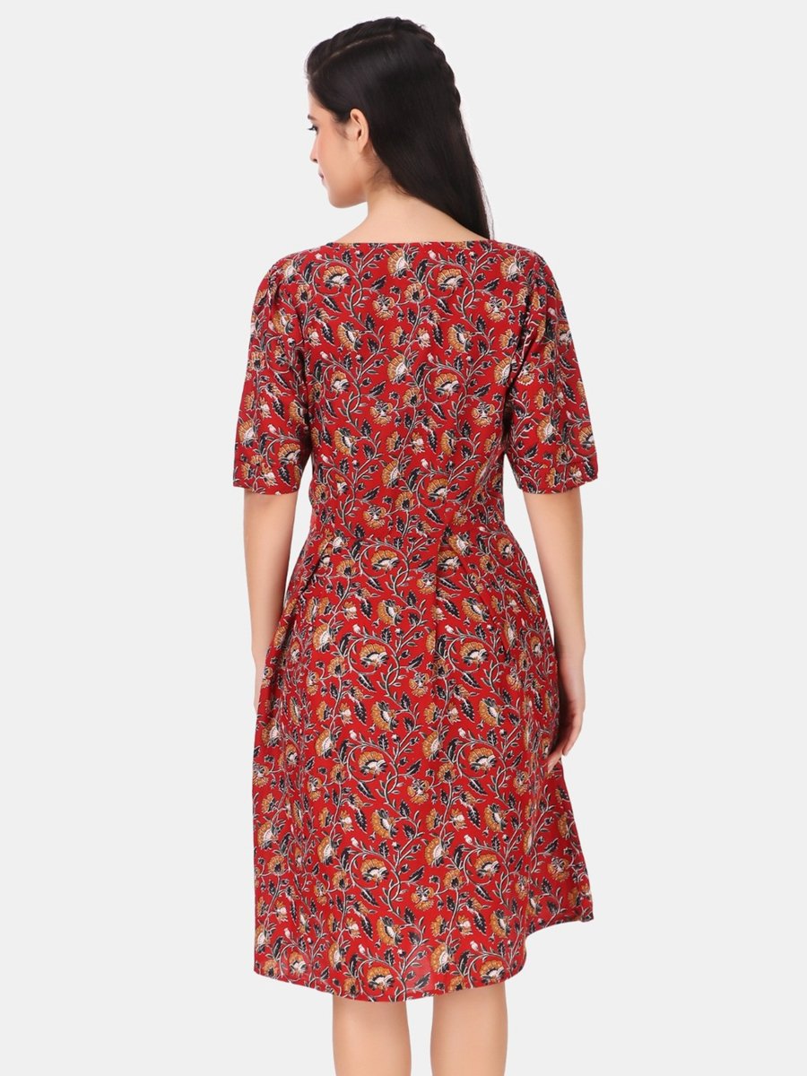 Maroon A-Line Floral Knee-Length Dress with 3/4 Sleeves