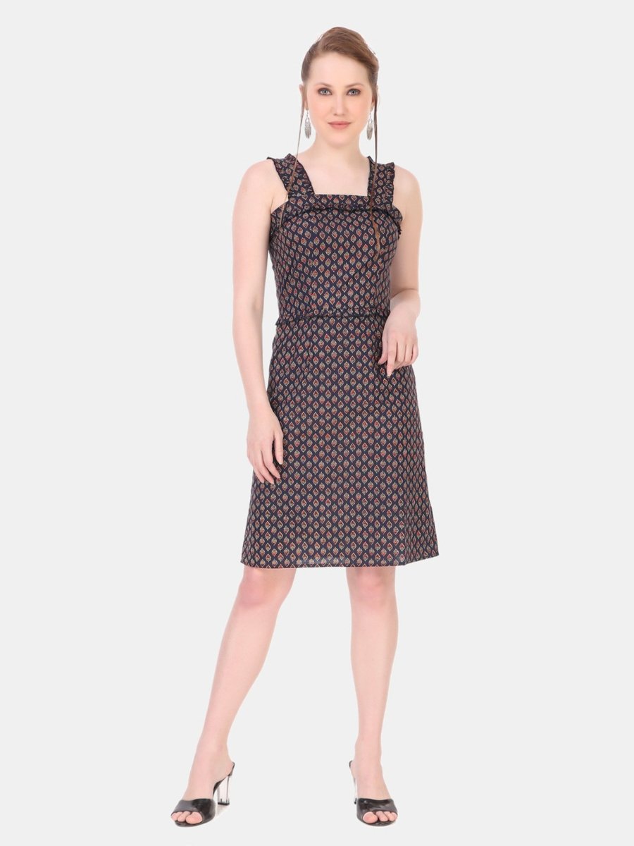 Blue A-Line Sleeveless Knee-Length Dress with All-Over Print