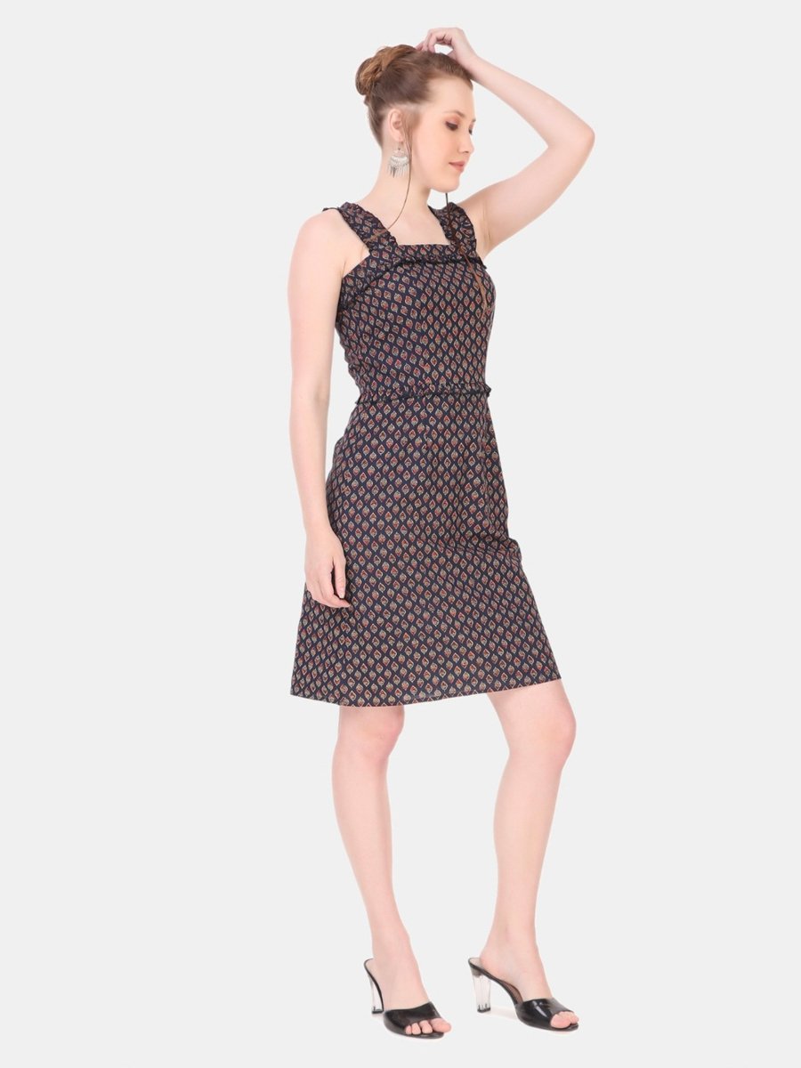 Blue A-Line Sleeveless Knee-Length Dress with All-Over Print