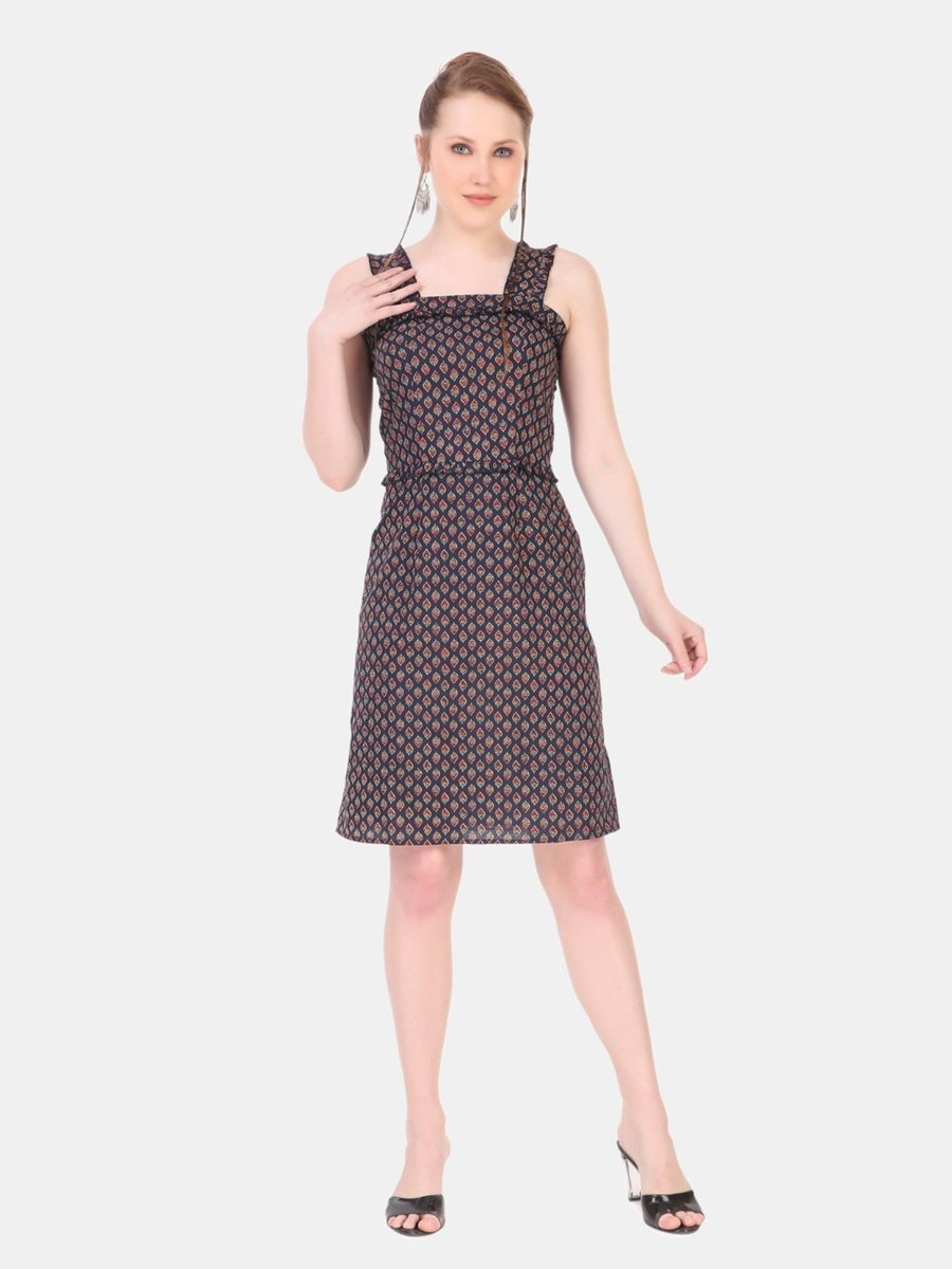 Blue A-Line Sleeveless Knee-Length Dress with All-Over Print