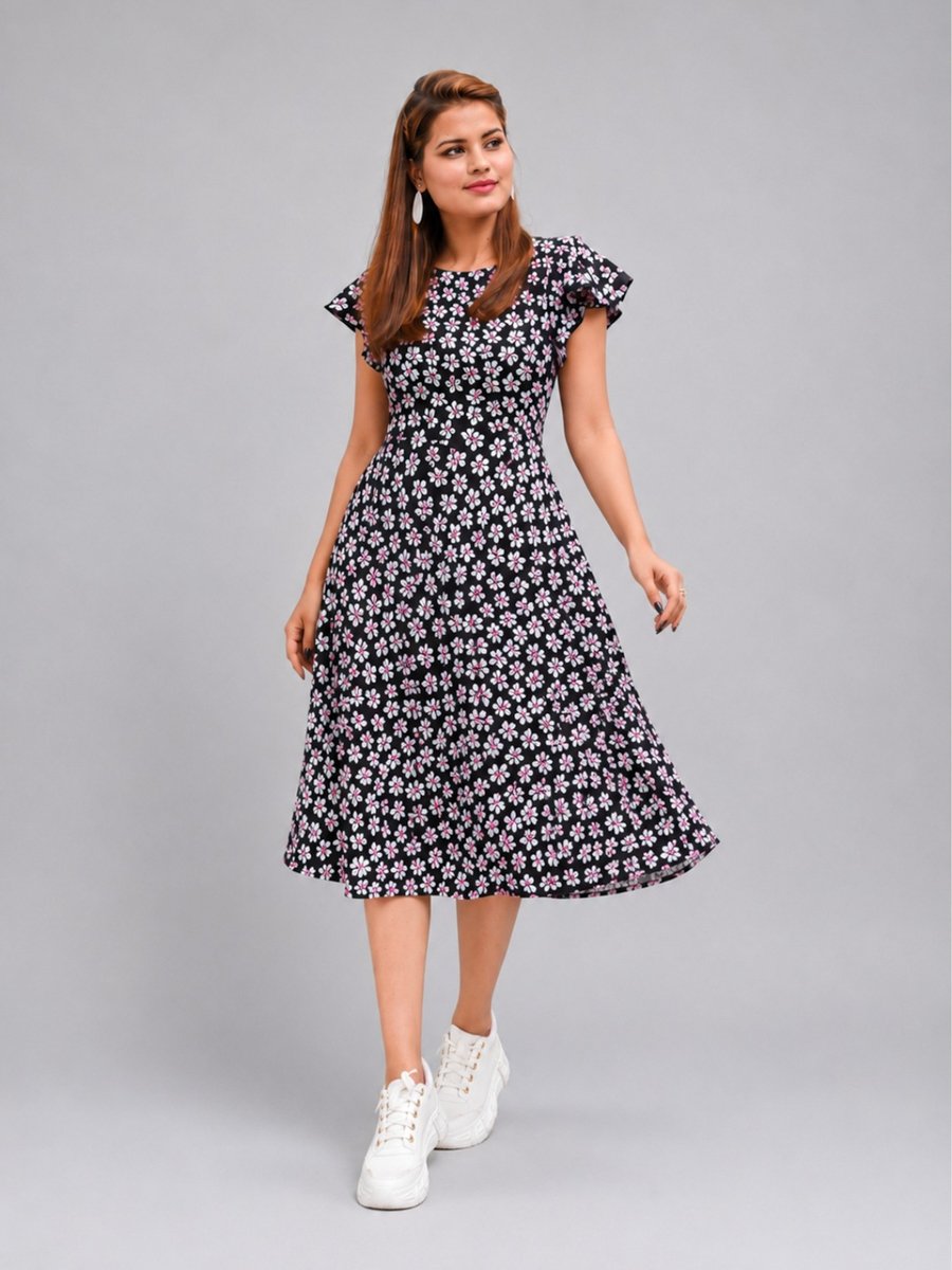 Black A-Line AOP Floral Midi Dress with Short Sleeves